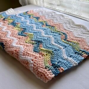Vintage Crochet Baby Blanket Handmade Ripple Pastel Nursery Throw Decor 40x30"